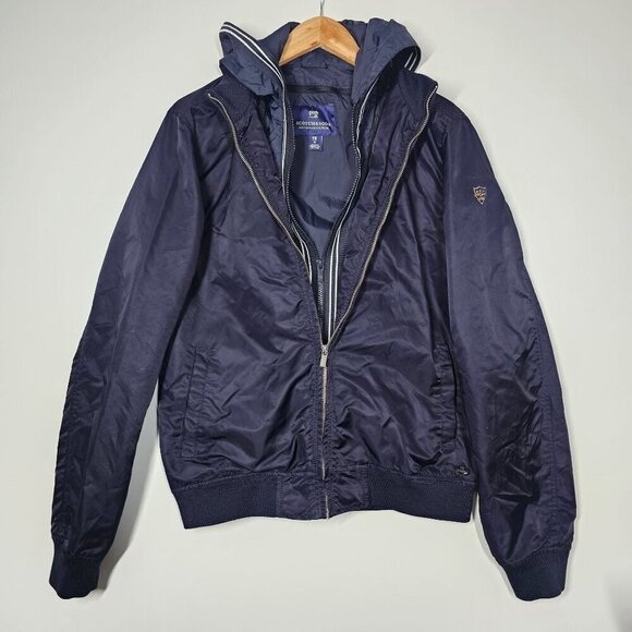 Scotch & Soda Mens Jacket Lined Nylon Poly Navy Blue Hooded Water Resistant M - Picture 1 of 15